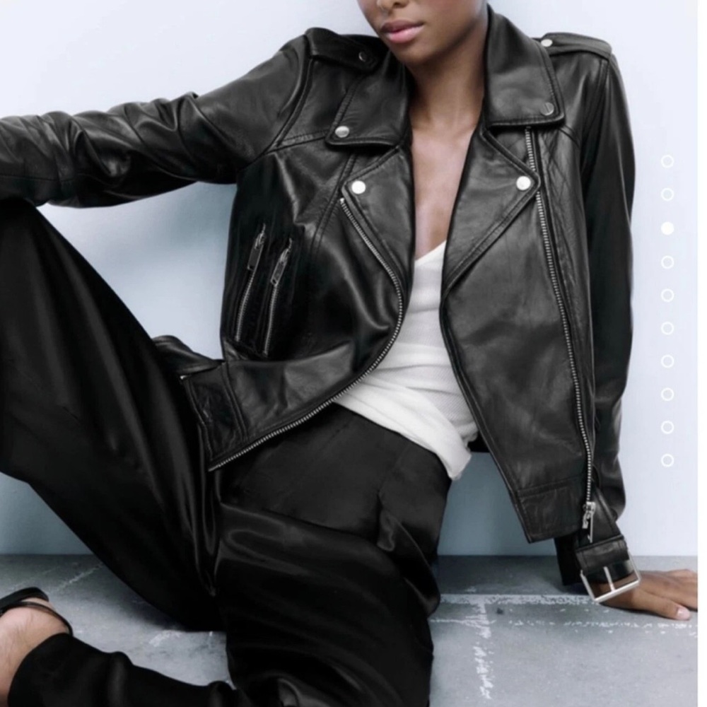 Zara Genuine Sheep Leather Motorcycle Black Moto Biker Asymmetric Jacket  M